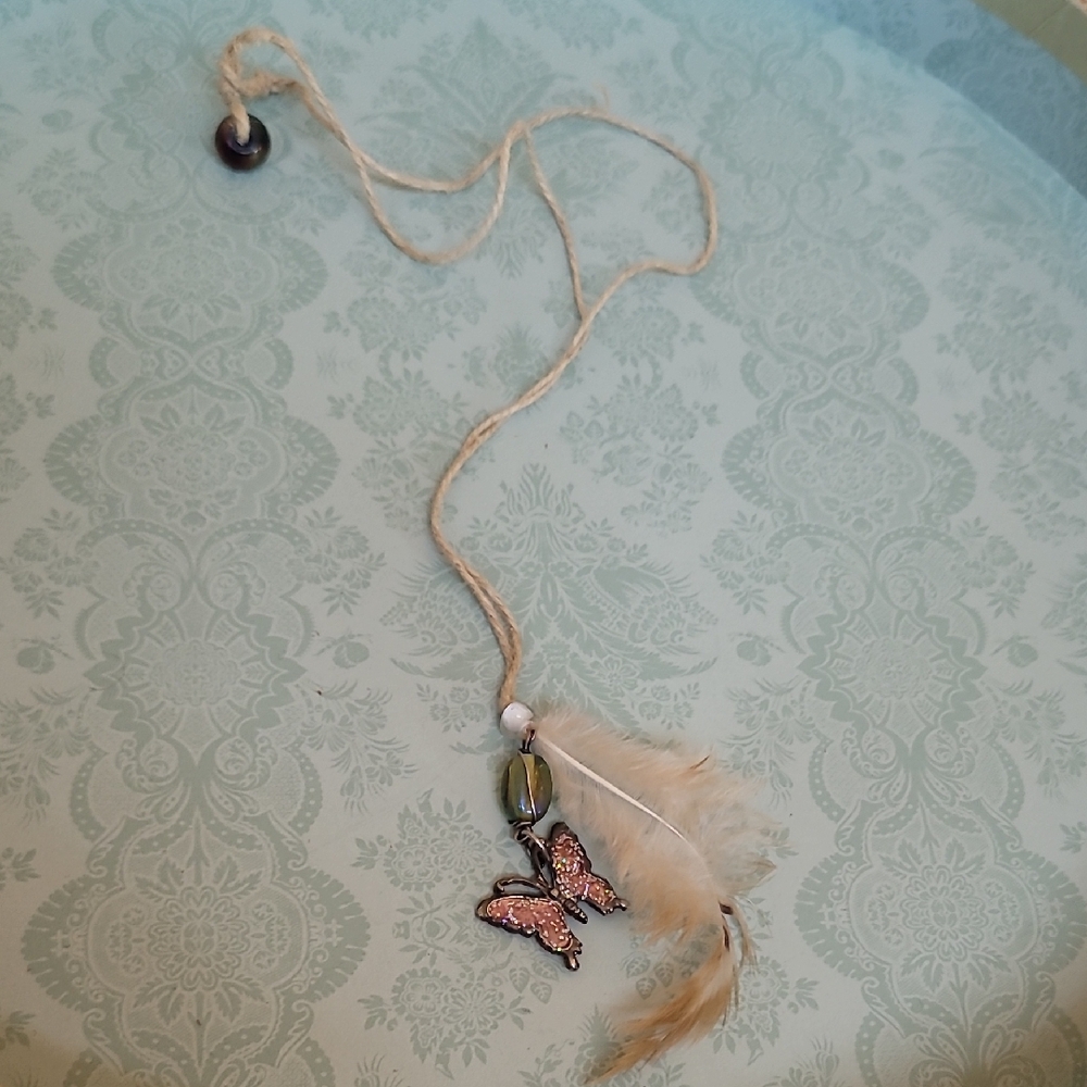 Boho Butterfly Pendant Necklace with Feather
